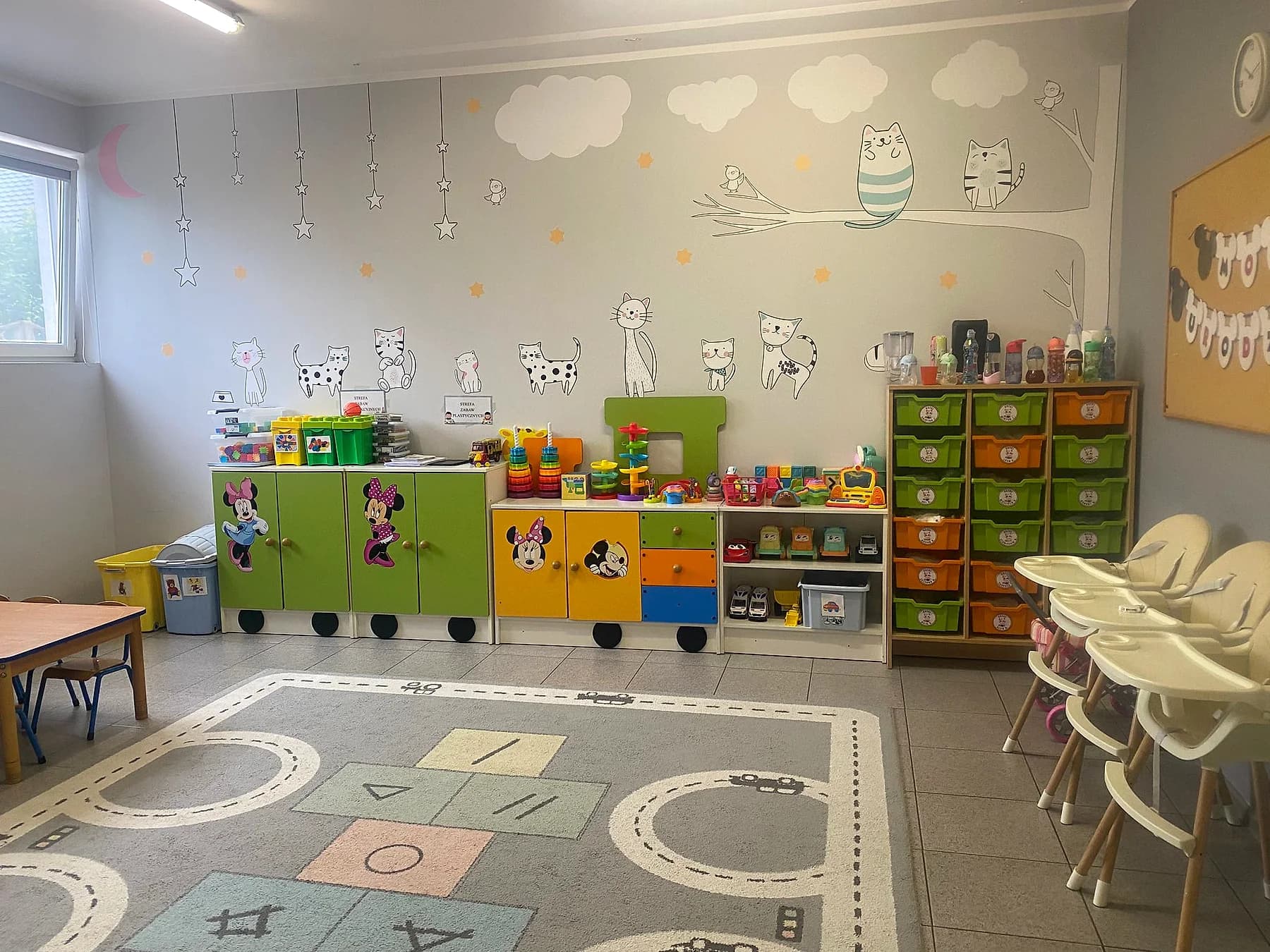 Ściana z malowanymi kotami, regały z zabawkami i krzesełka do karmienia