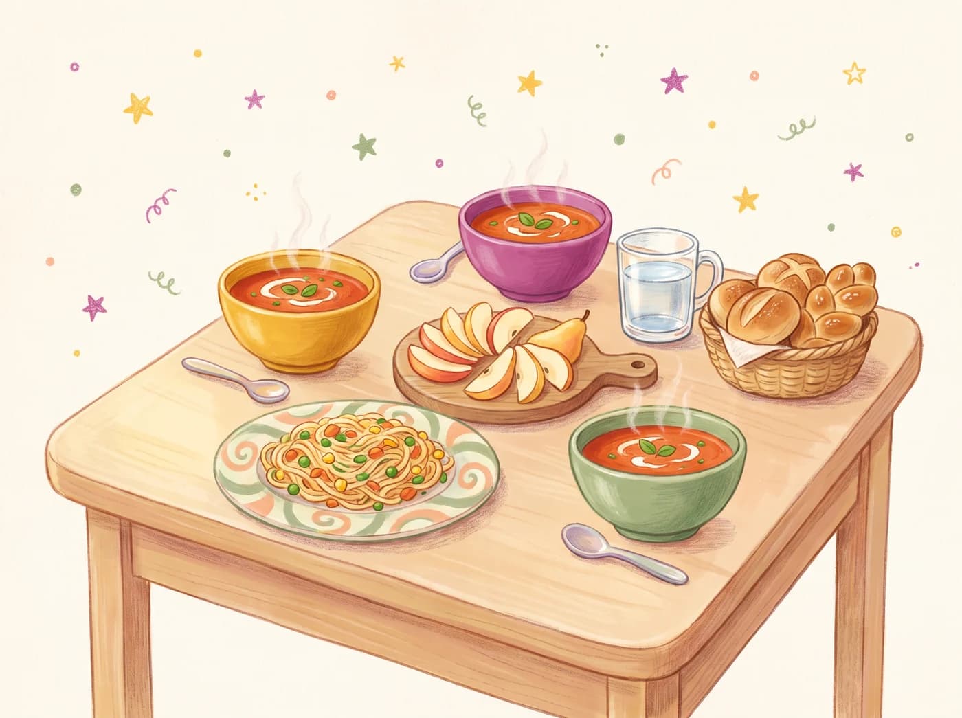 Rysunkowy koszyk ze świeżymi bułkami
