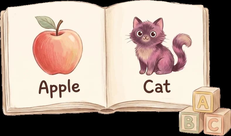 Otwarta książeczka obrazkowa: jabłko z podpisem Apple i kotek z podpisem Cat, obok klocki z literami