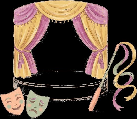 Rysunkowa scenka z kurtyną, maski teatralne i wstążka