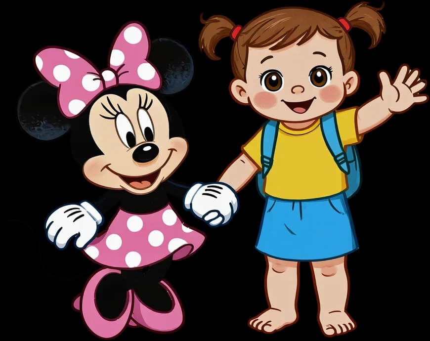 Ilustracja: Myszka Mini prowadzi za rękę przedszkolaka z plecakiem